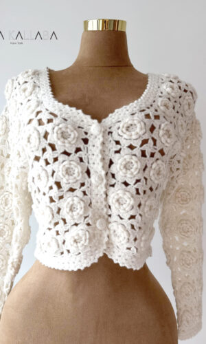 Handmade Knitted White Flower Cardigan